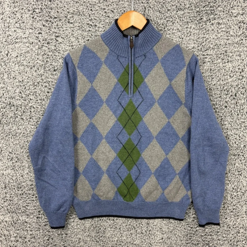 Brooks Brothers Sweater Mens Medium Blue Argyle 1/4 Zip Mock Neck Merino Knit